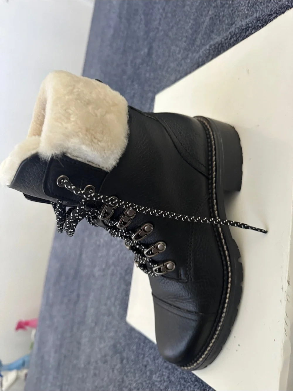 Frye Black Leather Ankle Boots with Cream Shearling Cuffs